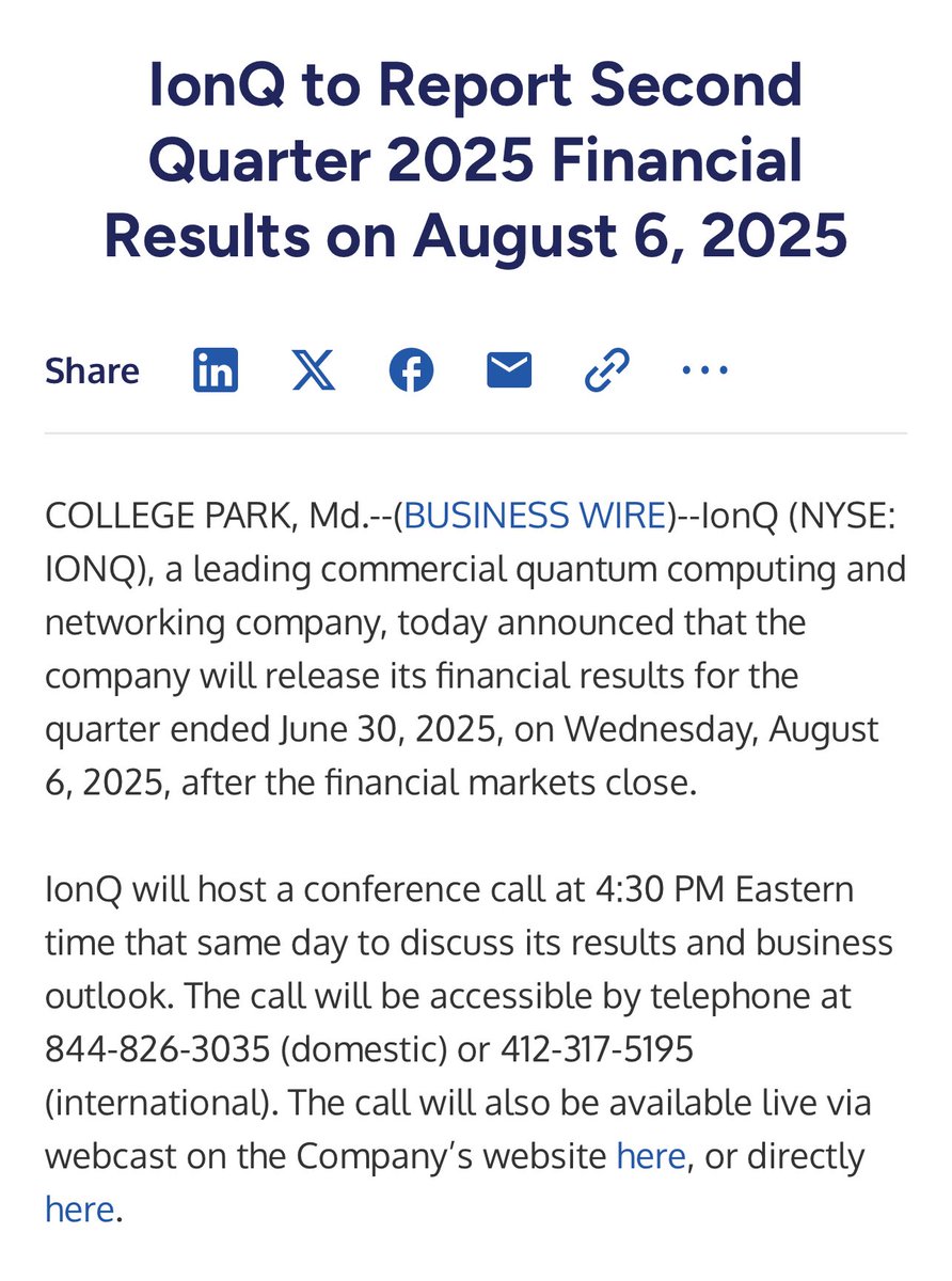 The_SPACTATOR's tweet image. $IONQ: IonQ to Report Second Quarter 2025 Financial Results on August 6, 2025
businesswire.com/news/home/2025…