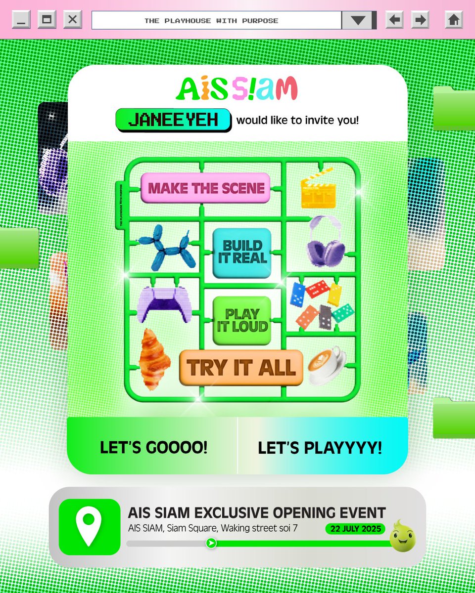 #AISSIAM invites JANEEYEH​
to THE PLAYHOUSE WITH PURPOSE 💌🪩​

🗓️ 22.07.25​​
📍AIS SIAM (SIAM SQUARE SOI 7)​​

​<a href="/janeeeyeh/">เจนเย่</a>​

#janeyehh #เจนเย่​
#THEPLAYHOUSEWITHPURPOSE​
#เล่นจนเป็นตัวจริง