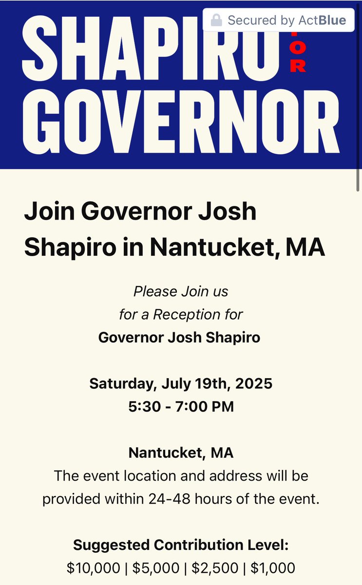 kellygarrity3's tweet image. Pennsylvania Gov. Josh Shapiro is headed to Nantucket this weekend for a fundraiser.
Suggested donations range from $1,000 to $10,000.