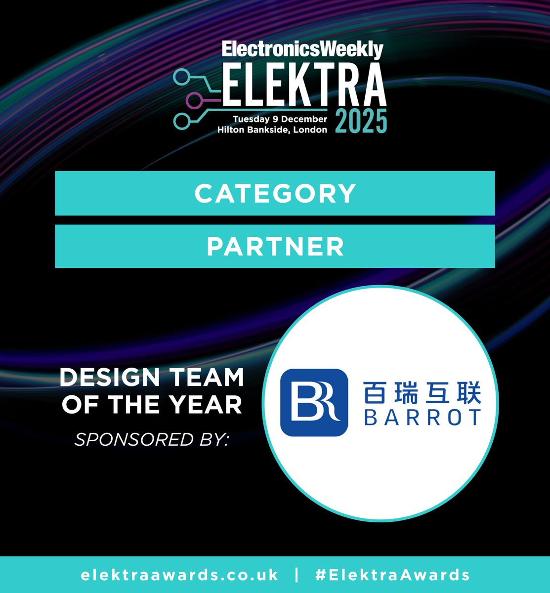 ElectronicsNews's tweet image. We&apos;re excited to welcome @Barrot Technology Co. Ltd. as a Category Partner for the 2025 #ElektraAwards! 

Enter by  Friday 18 July: bit.ly/ElektraCategor…

#BARROT #Tech #Bluetooth #IoT #Electronics