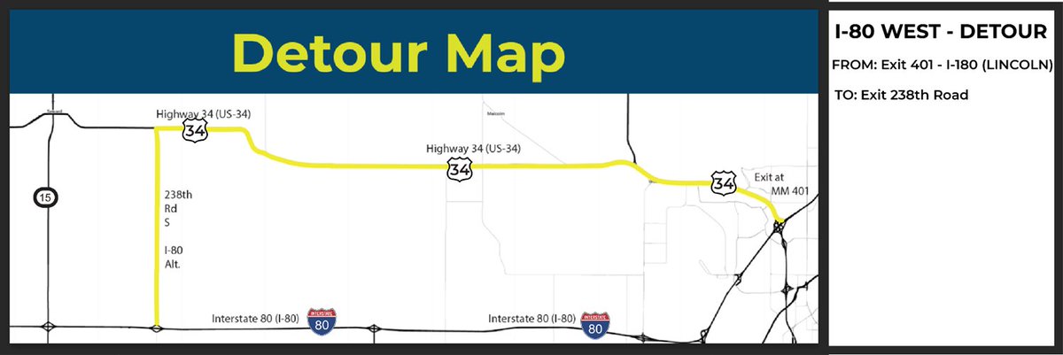 NebraskaDOT's tweet image. TRAFFIC ALERT: Interstate 80 is closed between Milford and I-180 in Lincoln (mm 382-mm 401) in both directions due to a crash and an ongoing investigation by the Nebraska State Patrol. See the map below for the latest detour route, and check 511.nebraska.gov for updates.