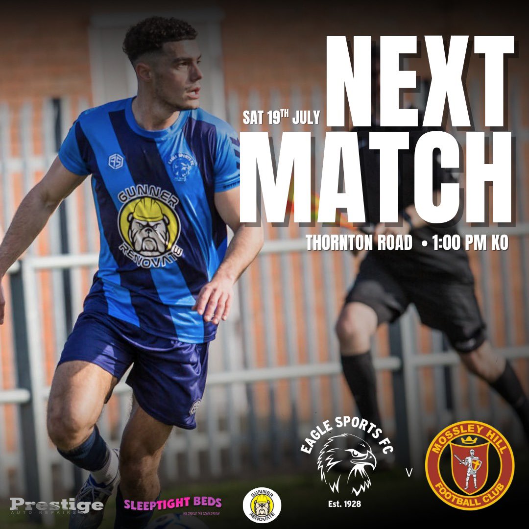 Eagle Sports FC (@eaglesportsfc) on Twitter photo ⚽️ 𝗡𝗘𝗫𝗧 𝗨𝗣 ⚽️
🆚 <a href="/MossleyHill_FC/">Mossley Hill Athletic FC</a>
📆 Saturday 19th July
🏟 Thornton Road
⏰ 1pm Kick Off
🏆 Pre-Season Friendly
🎟️ Adults - Donations, U16 Free
🍻 Bar open 12pm
#Upthegulls 🦅 ⚽️ 𝗡𝗘𝗫𝗧 𝗨𝗣 ⚽️
🆚 <a href="/MossleyHill_FC/">Mossley Hill Athletic FC</a>
📆 Saturday 19th July
🏟 Thornton Road
⏰ 1pm Kick Off
🏆 Pre-Season Friendly
🎟️ Adults - Donations, U16 Free
🍻 Bar open 12pm
#Upthegulls 🦅