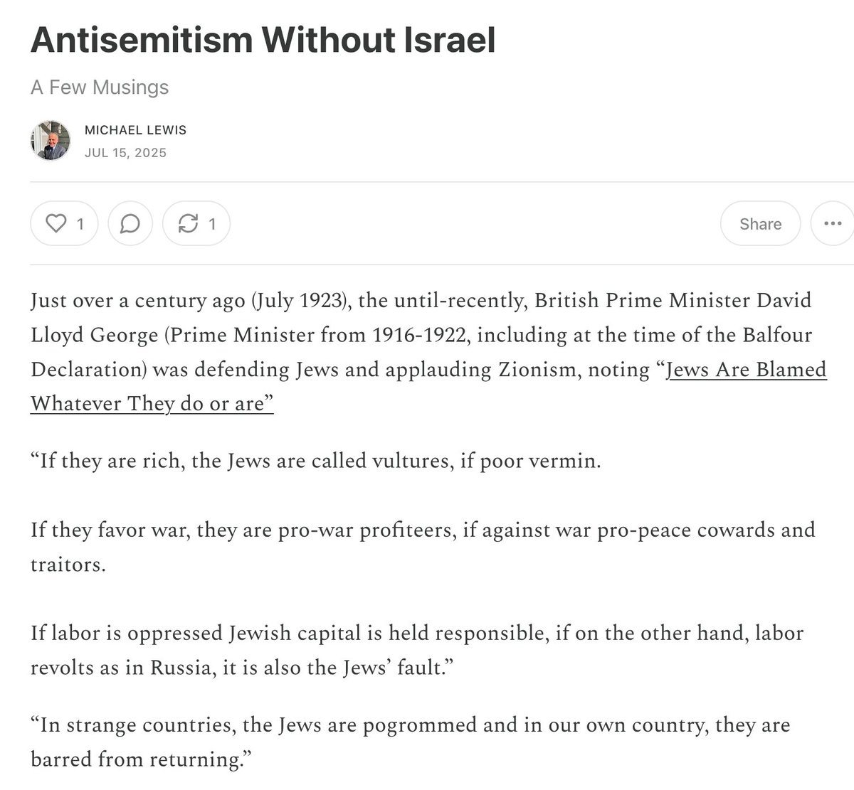 LewisRemembered's tweet image. From "Son of..." "Antisemitism Without Israel - A few Musings" open.substack.com/pub/michaellew… #Antisemitism