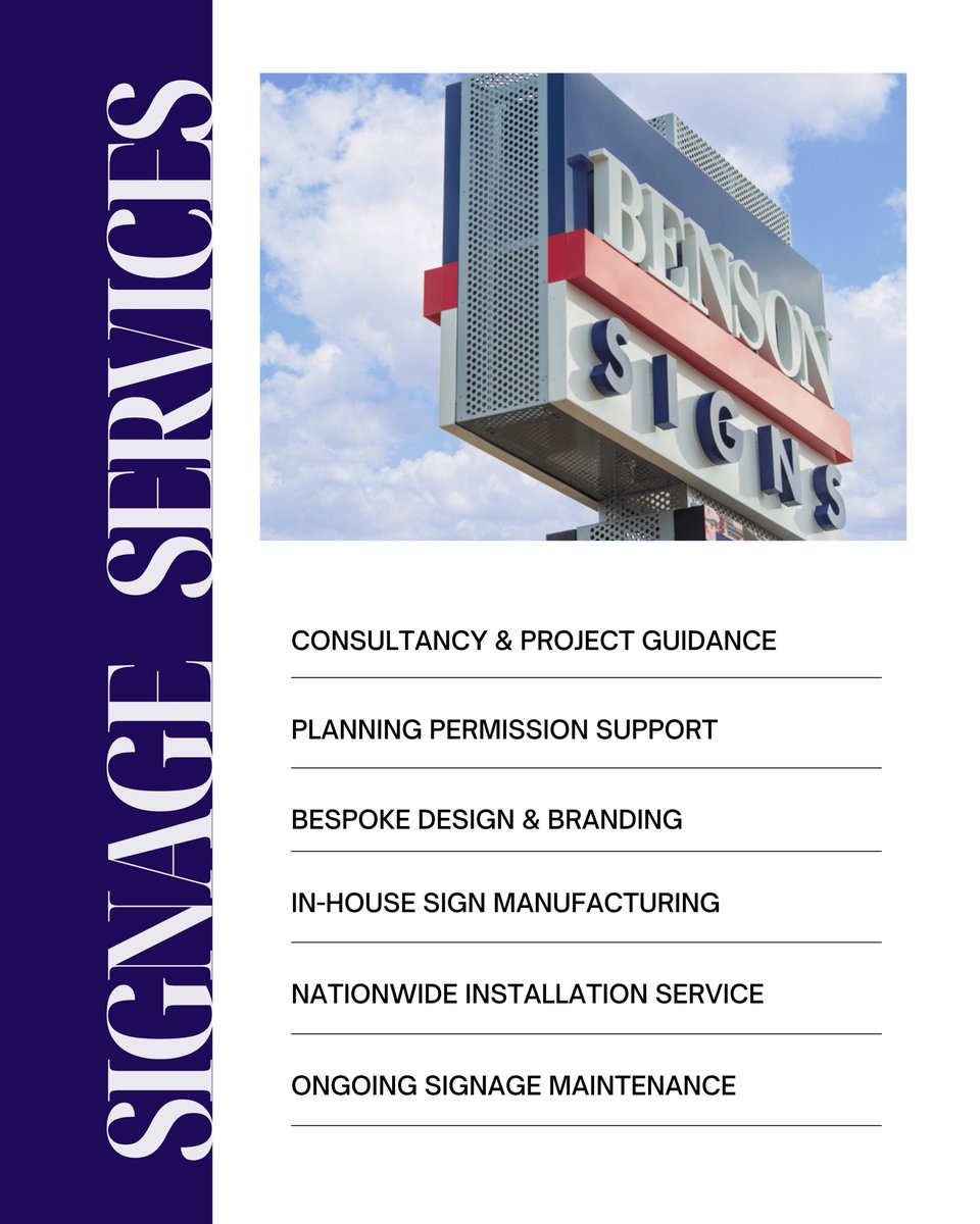 There’s more to great signage than meets the eye.

At Benson Signs, we offer a complete signage service that covers everything you need including planning, design, manufacturing, installation and maintenance.

Get in touch:
📞 0151 298 1567
📧 sales@bensonsigns.com

#Signage