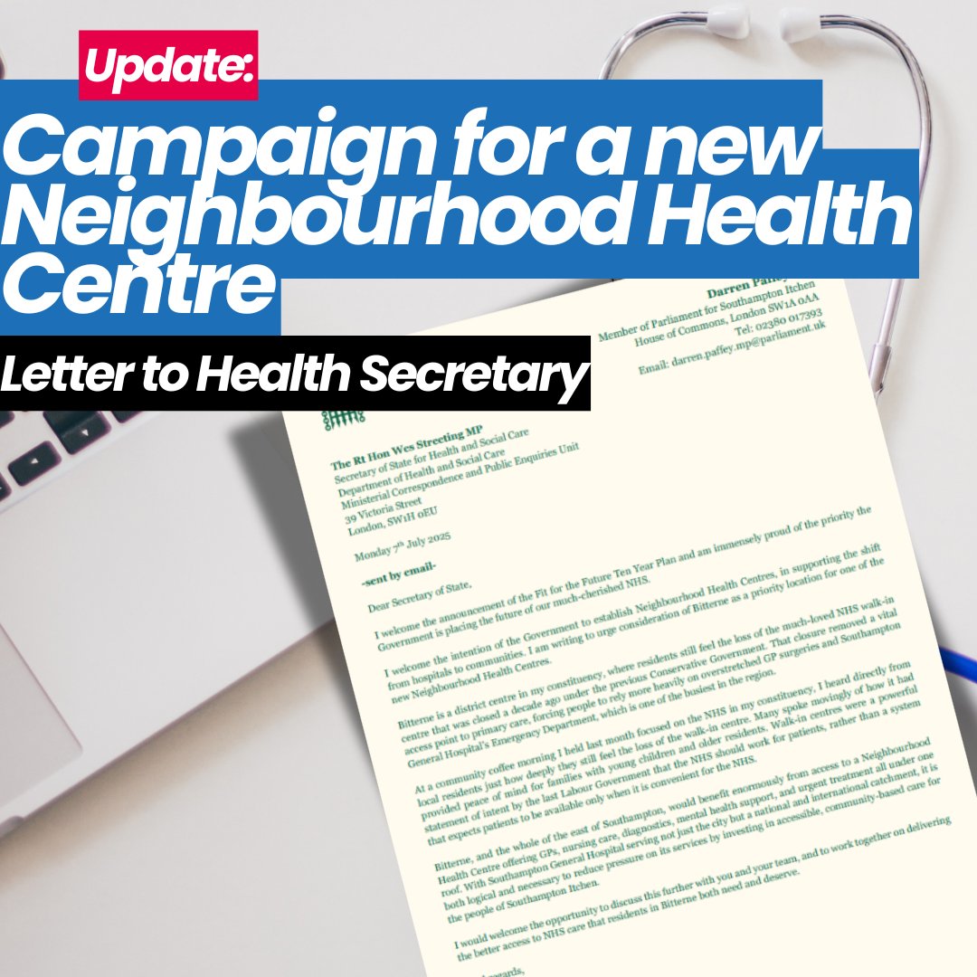 Hundreds of constituents have signed my petition to bring one of the government's new Neighbourhood Health Centres to Bitterne.

I've now written to the Secretary of State for Health to make the case. 

Read my letter in full 👇
darrenpaffey.org.uk/2025/07/16/ive…