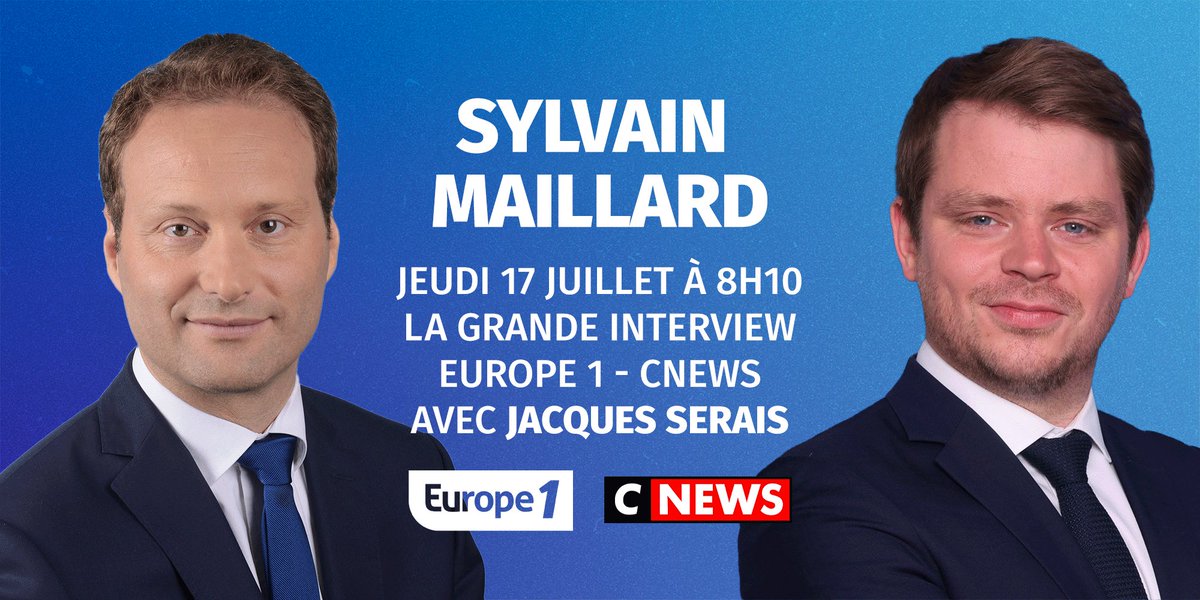 Europe 1 (@europe1) on Twitter photo 🔵Ce jeudi 17 juillet dans #LaGrandeITW Europe 1 - CNews à 8h10 <a href="/JacquesSerais/">Jacques Serais</a> reçoit <a href="/SylvainMaillard/">Sylvain Maillard</a>, député Ensemble de Paris et président du groupe Renaissance de Paris 🔵Ce jeudi 17 juillet dans #LaGrandeITW Europe 1 - CNews à 8h10 <a href="/JacquesSerais/">Jacques Serais</a> reçoit <a href="/SylvainMaillard/">Sylvain Maillard</a>, député Ensemble de Paris et président du groupe Renaissance de Paris