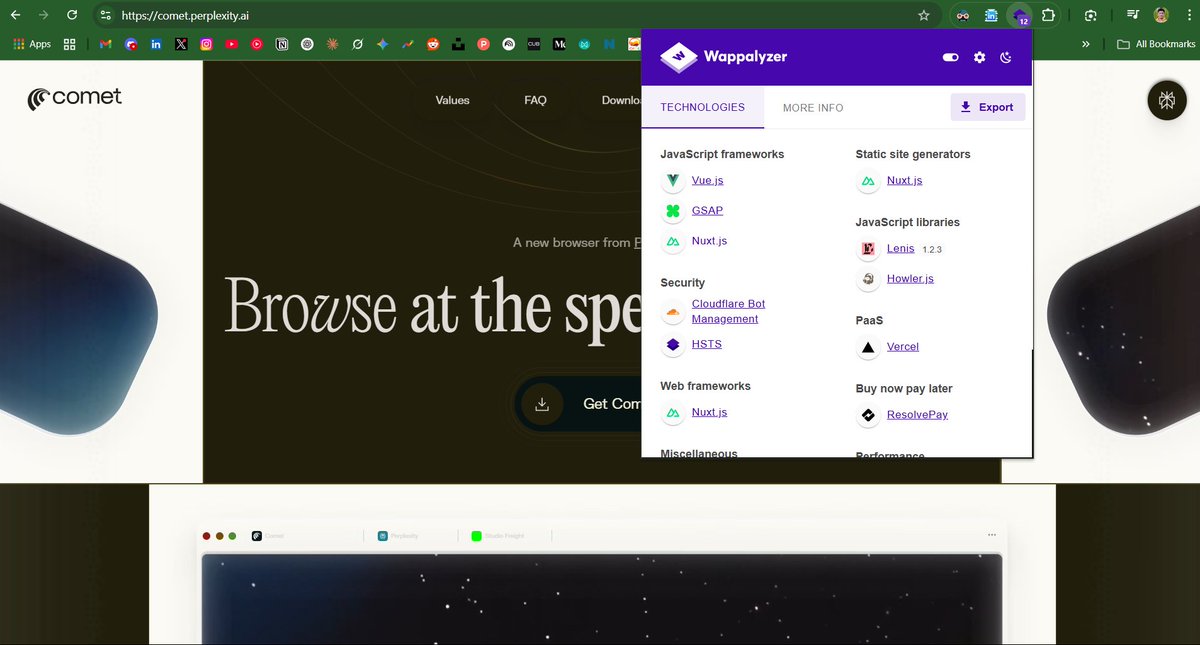 jay_bharadia's tweet image. @PerplexityComet Website is made using @nuxt_js
Thanks to @Wappalyzer chrome extension for helping us find out the tech stack of a website.
#madewithvuejs #madewithnuxtjs #perplexity #perplexitycomet #aibrowser #nuxtjs #vuejs #wappalyzer
