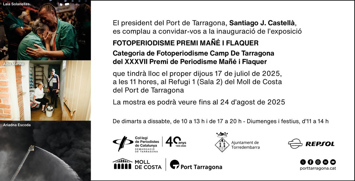 Col·legi de Periodistes de Catalunya (@periodistes_cat) on Twitter photo 📸<a href="/periodistes_cat/">Col·legi de Periodistes de Catalunya</a> #CPCTarragona, <a href="/AjTorredembarra/">Aj. de Torredembarra</a>, <a href="/Repsol/">repsol</a> i <a href="/PortTarragona/">Port Tarragona</a>
us conviden a la inauguració de l’exposició Fotoperiodisme Camp de Tarragona
🗓️ Dijous 17/07
🕚 11h
📍 Refugi 1 <a href="/MolldeCosta/">Moll de Costa - Port de Tarragona</a>
🎟️Gratuïta
Hi trobareu les fotografies del Premi Mañé i Flaquer (2024)! 📸<a href="/periodistes_cat/">Col·legi de Periodistes de Catalunya</a> #CPCTarragona, <a href="/AjTorredembarra/">Aj. de Torredembarra</a>, <a href="/Repsol/">repsol</a> i <a href="/PortTarragona/">Port Tarragona</a>
us conviden a la inauguració de l’exposició Fotoperiodisme Camp de Tarragona
🗓️ Dijous 17/07
🕚 11h
📍 Refugi 1 <a href="/MolldeCosta/">Moll de Costa - Port de Tarragona</a>
🎟️Gratuïta
Hi trobareu les fotografies del Premi Mañé i Flaquer (2024)!