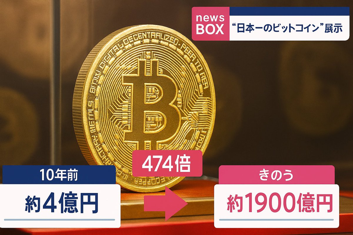 日本一大きいビットコインが、展示終了するらしい。 10年で価値が474倍になって、4億円→1,900億円🤯  10年前に日本円を普通預金したままだと、4億円→4億3万円らしい。