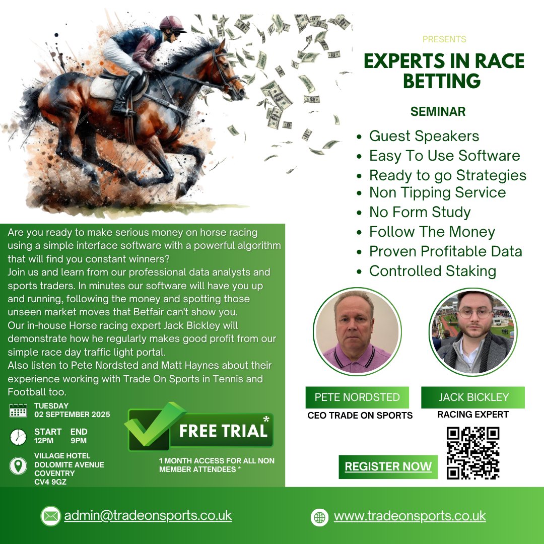 There are 5 spaces available on the Trade on Sports Racing seminar. The price of £99 includes a months access to the Trade on Sports Platinum Service details can be found here tinyurl.com/wn2djkzd