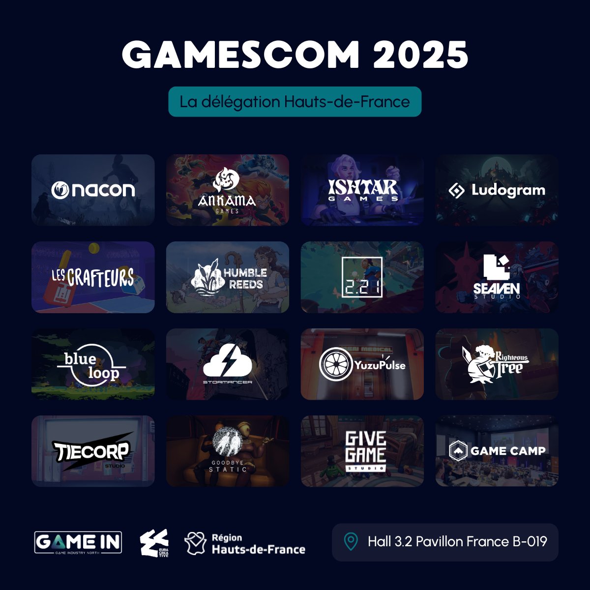 gamein_north's tweet image. 📣 Rencontrez la Délégation Hauts-de-France à la #Gamescom2025 !

Dans environ 1 mois, retrouvez Game IN, nos adhérent·e·s et incubé·e·s de @EuraCreative du 20 au 22 août au Pavillon Français Hall 3.2 - Stand B019 :
