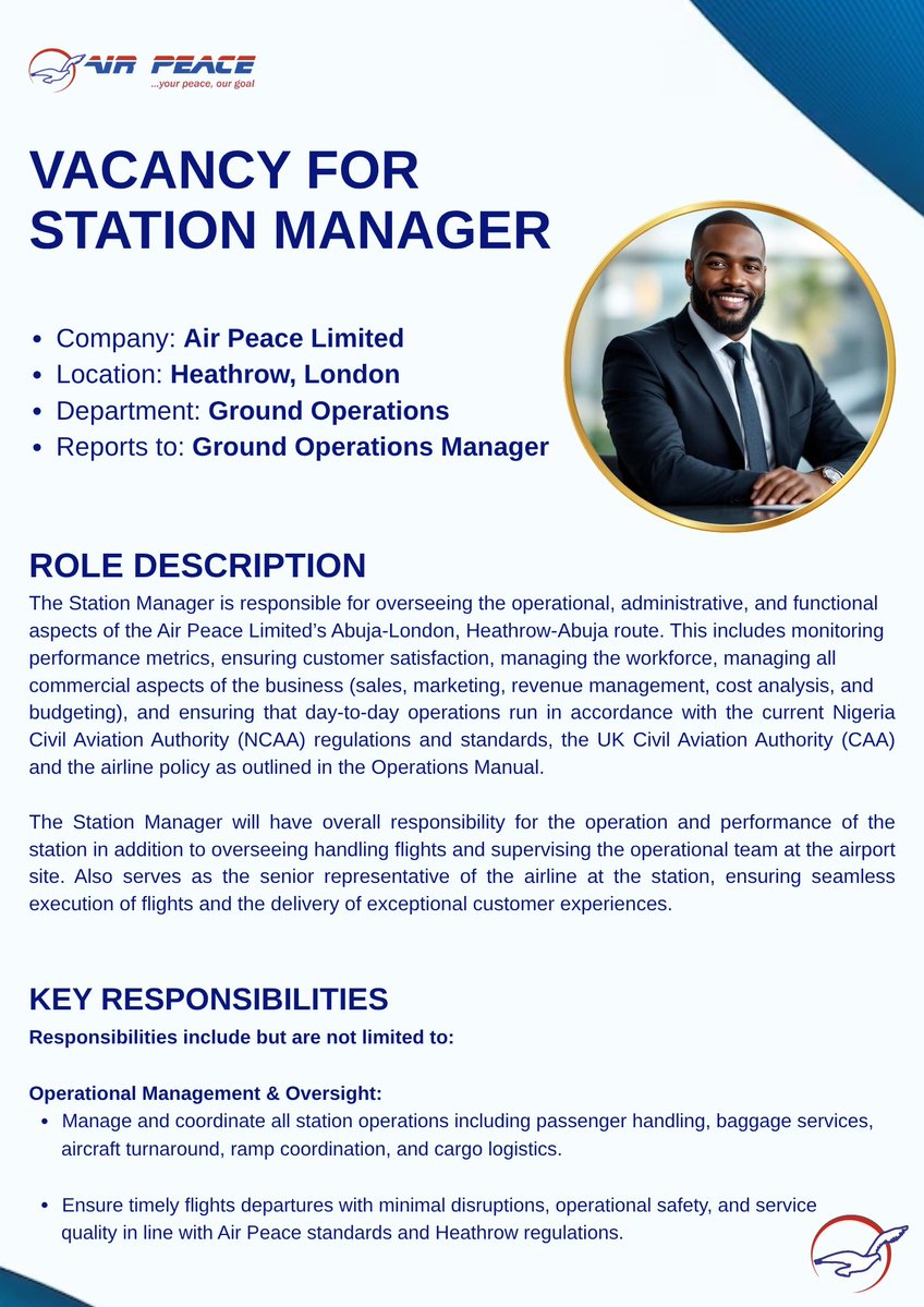 flyairpeace's tweet image. RECRUITMENT ALERT!
Vacancy for the position of a Station Manager.
Click on the link for more information about this update: tinyurl.com/3x9xwmny