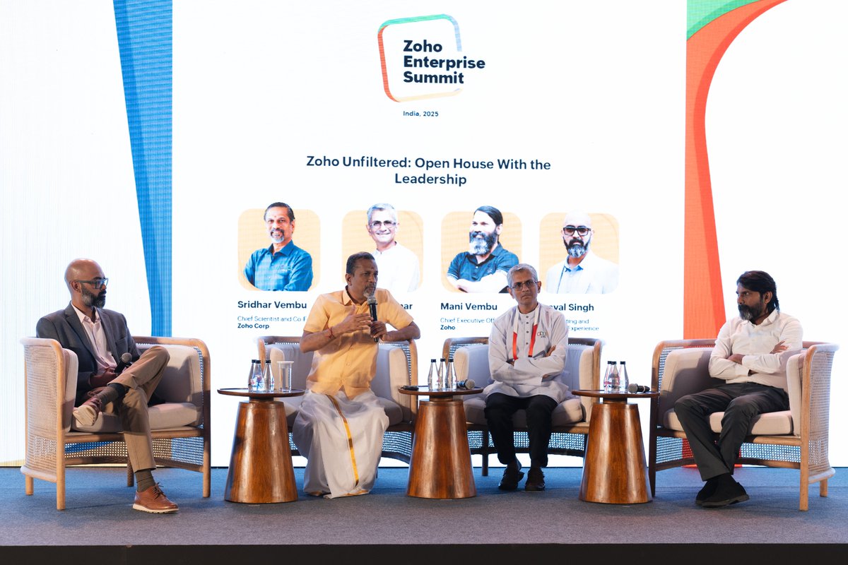Zoho's tweet image. We hosted over 150 enterprise leaders and analysts today at the #ZohoEnterpriseSummit! 😇
As enterprises face mounting pressure to adapt faster through every change cycle that hits, today’s sessions explored how Zoho’s platform-driven tech approach brings together agility,…