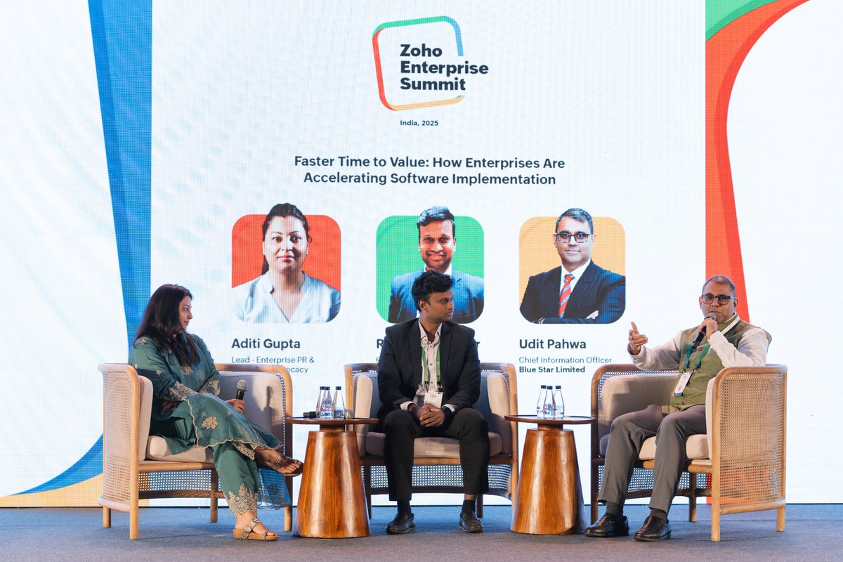 Zoho's tweet image. We hosted over 150 enterprise leaders and analysts today at the #ZohoEnterpriseSummit! 😇
As enterprises face mounting pressure to adapt faster through every change cycle that hits, today’s sessions explored how Zoho’s platform-driven tech approach brings together agility,…