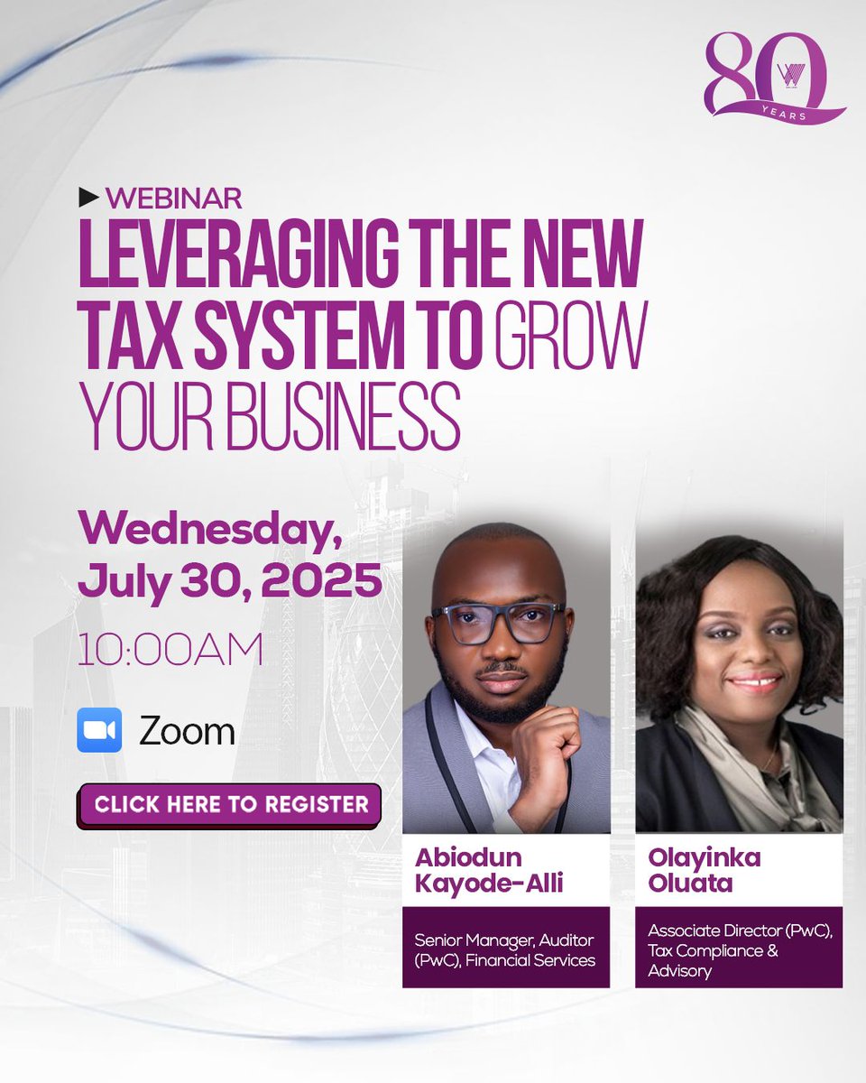 Ready to make the new tax system work for your business?

Join the conversation.  bit.ly/RegisterforMSM…

#WemaBank #TaxWebinar #GrowYourBusiness #PwC #SME