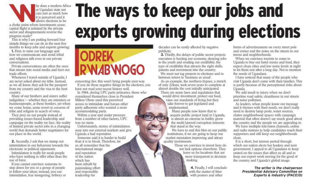 paceidug's tweet image. Chairman @OdrekRwabwogo shares a timely piece in @newvisionwire highlighting why unity and economic focus must guide us through the election season. He urges Ugandans to stay focused on jobs, exports and unite to keep moving forward for the good of our economy and global image.