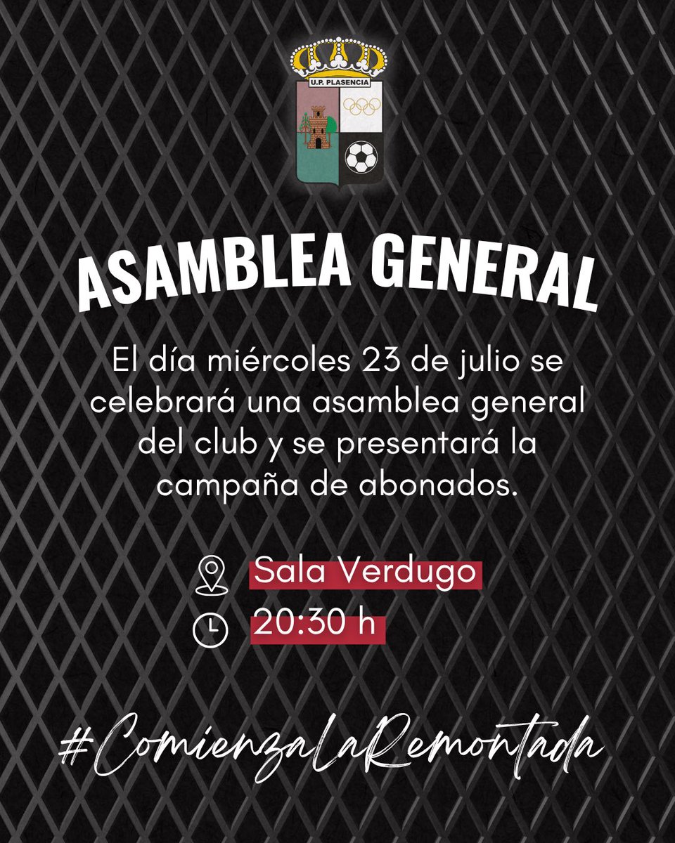 🔊 ¡𝐀𝐭𝐞𝐧𝐜𝐢𝐨́𝐧, 𝐚𝐟𝐢𝐜𝐢𝐨́𝐧!
El miércoles 23 de julio,asamblea General del club
📍Sala Verdugo
🕣 20:30 h
Presentaremos la nueva campaña de abonados y queremos contar contigo para seguir construyendo este proyecto juntos. 

𝐂𝐨𝐦𝐢𝐞𝐧𝐳𝐚 𝐥𝐚 𝐫𝐞𝐦𝐨𝐧𝐭𝐚𝐝𝐚🤍🖤