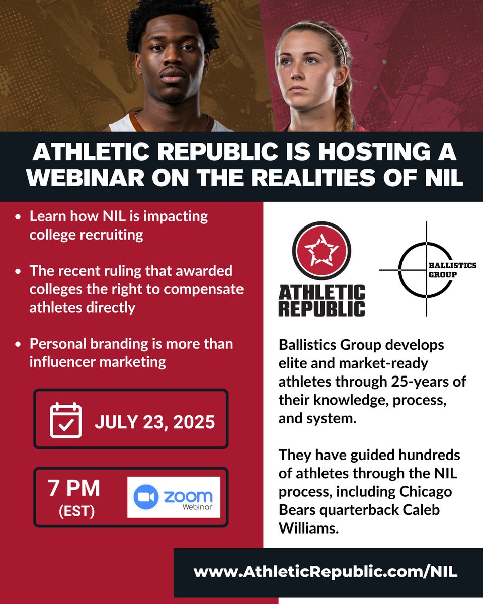 ⏳ One week away!

NIL is changing college sports. Join us for a free webinar: “The Realities of NIL: College Recruiting &amp; Personal Branding”

📅 Wed, July 23 | ⏰ 7PM ET | 📍 Zoom
Learn how NIL is reshaping recruiting, compensation &amp; athlete branding.

🎓 Perfect for athletes,