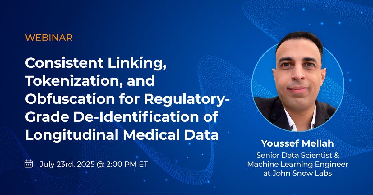 JohnSnowLabs's tweet image. Secure your place today and streamline your data governance journey: hubs.ly/Q03x4L8y0
#HealthcareNLP #DataTokenization #PrivacyCompliance #ClinicalData #JohnSnowLabs