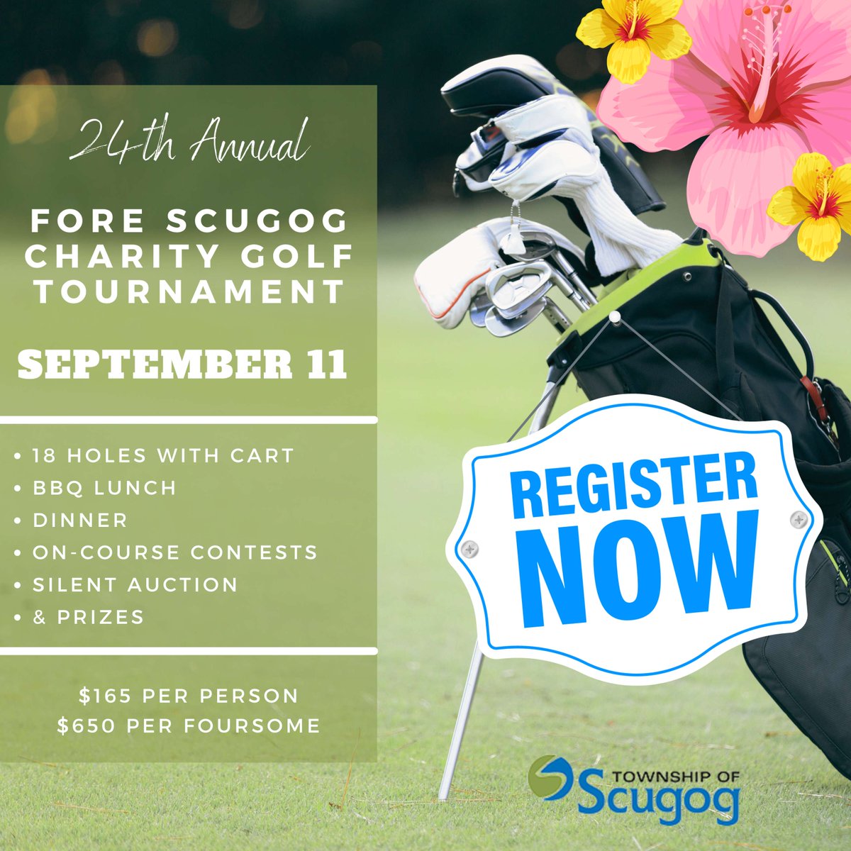TwpofScugog's tweet image. The 24th Annual Fore Scugog Charity Golf Tournament is back, raising funds for Scugog Youth Initiatives. ⛳
🏌️♂️ $165 per person
🏌️♂️ $650 per foursome
Register now at scugog.ca/golf. 🔗