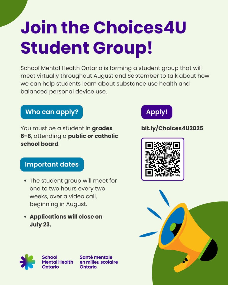 Do you know a student in grades 6-8? Our summer student group will co-create resources on substance use and balanced device use. Students can apply by July 23. Please share with your networks!  
bit.ly/Choices4U2025