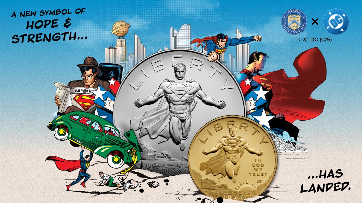 usmint's tweet image. 💥🦸♂️The Last Son of Krypton is landing! Presale is 7/24 for Superman, the first in the #USMint #ComicArt Coin & Medal series in 2.5 and 1 oz silver medals or 1/2 oz 24K gold! Add #HOPEandSTRENGTH 🤞💪to your collection. 📆Save the date! bit.ly/4nosu5j