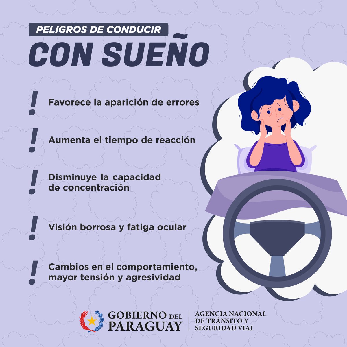 😴 ¿Qué efectos tiene la somnolencia al conducir?

👉🏼 Tener sueño al volante es un factor de riesgo en el tránsito que afecta gravemente nuestra capacidad para conducir de forma segura.

#GobiernoDelParaguay 🇵🇾