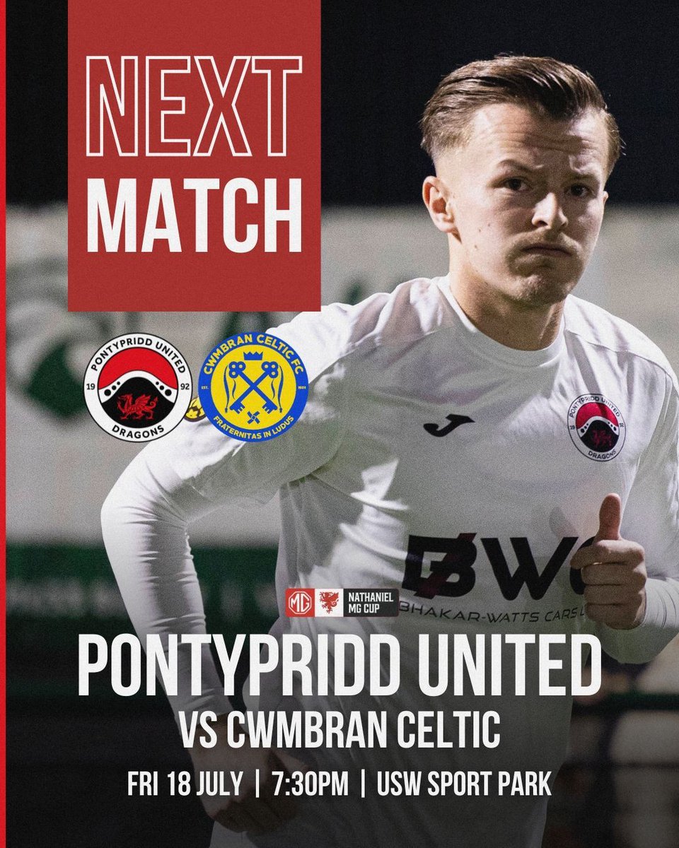 𝐍𝐄𝐗𝐓 𝐔𝐏 🔜

Pontypridd United 🆚 <a href="/CwmbranCeltic/">Cwmbran Celtic</a>

📅 Friday 18th July
⏰ 7:30PM
🏟 USW Sport Park
📍 CF37 5UP

The 2025/26 season is finally here! We kick off the new campaign at home in the #NathanielMGCup 🏆

Tickets: buff.ly/AGm17zW

#OneClub #WeAreUnited