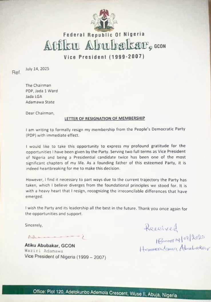 I receive the notice of your resignation from our beloved Party, the Peoples Democratic Party (PDP) with joyous applause and  extreme excitement. I have hoped and prayed for this day and it has finally come. Now the PDP can finally breathe a breath of fresh air. PDP …… we move