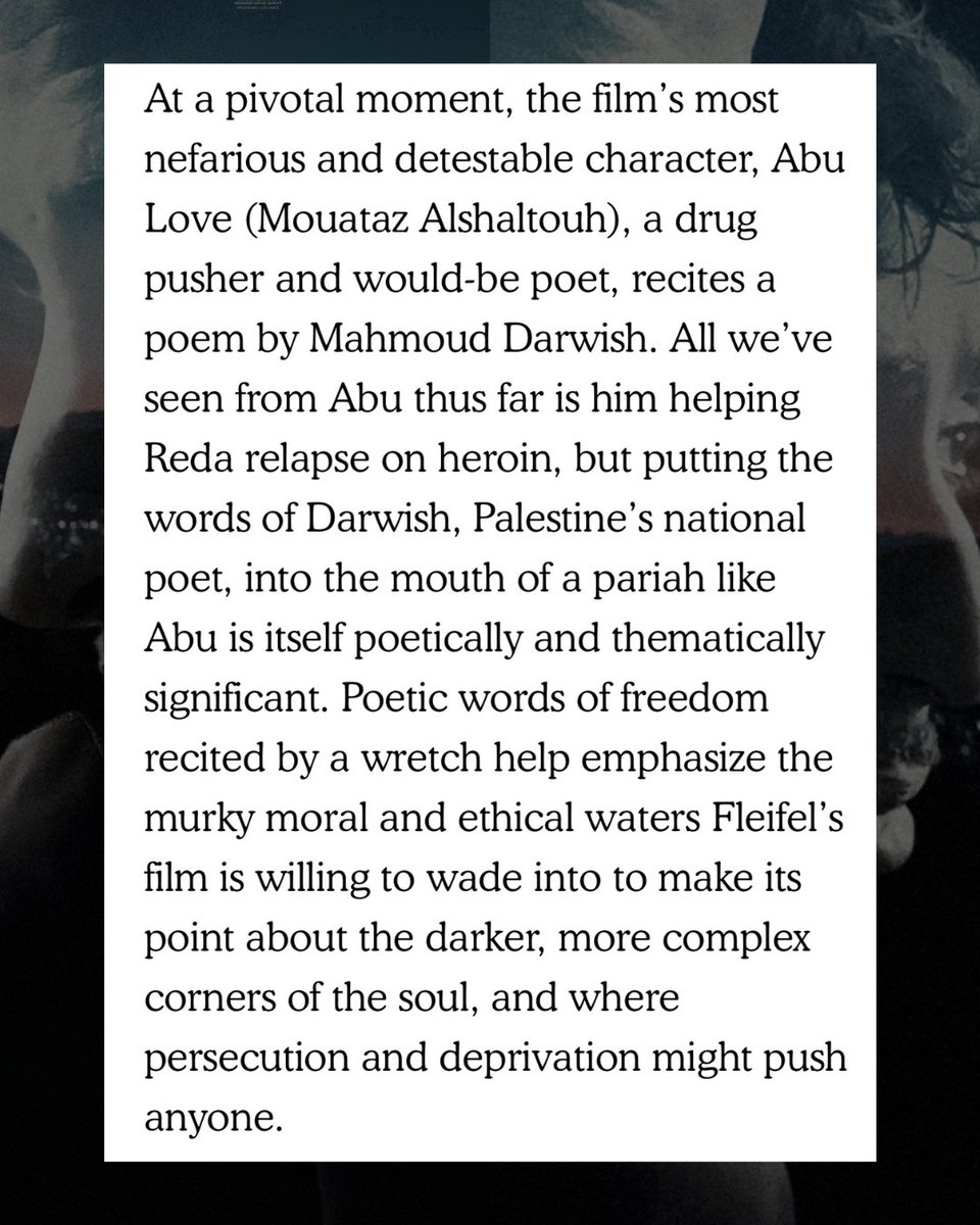 watermelon_pics's tweet image. This review by @ScreenSlate brilliantly breaks down some of the more nuanced creative choices made by TO A LAND UNKNOWN Director, Writer, and Producer Mahdi Fleifel.
The choice to include the words of Mahmoud Darwish set the tone for this incredibly moving and artful film.