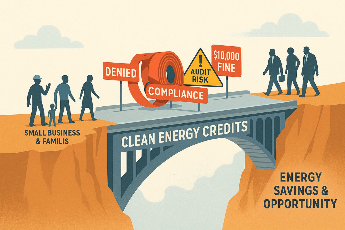 EmpowerGVoices's tweet photo. 1) Congress claims clean energy tax credits will wind down over several years, but new barriers—foreign sourcing rules, intense paperwork, and legal risk—mean most small businesses and families will lose access almost immediately, not by 2028. https://t.co/N6fAKSY078
