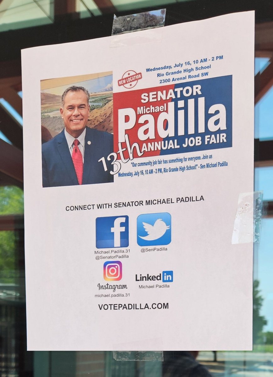 SenPadilla's tweet image. Happening today - 13th Annual Senator Michael Padilla Job Fair—your chance to connect with top employers and explore exciting career opportunities!
📅 Wednesday, July 16, 2025
⏰ 10:00 AM - 2:00 PM
📍 NEW LOCATION: Rio Grande High School
🏫 2300 Arenal Road SW, Albuquerque, NM…