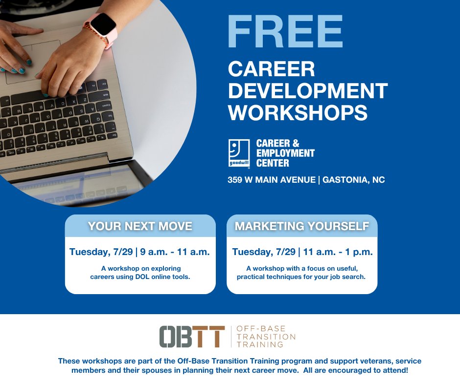 Job search feeling stuck? Join us at the Gastonia Career &amp; Employment Center on Tues, July 29 for two FREE workshops:

🧭 Your Next Move | 9–11 AM
💼 Marketing Yourself | 11 AM–1 PM

Part of the OBTT program for veterans, Guard/Reserve members &amp; spouses.

👉 Sign up now at