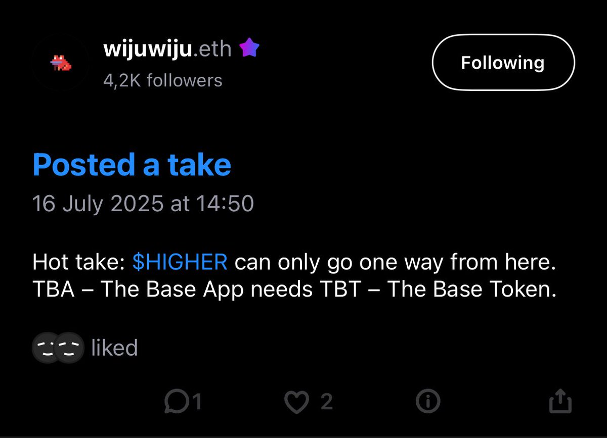 Hot take: <a href="/higheronchain/">HIGHER</a> can only go one way from here. TBA – The Base App needs TBT – The Base Token
