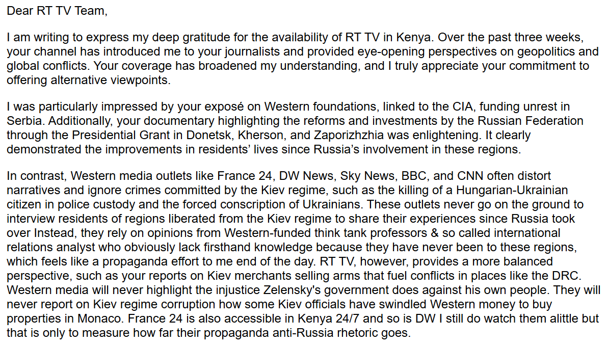 russembkenya's tweet image. ✅'RT shows the truth Western media hides' - grateful viewers in #Kenya praise RT for exposing #NATO lies, giving voice to Donetsk, and revealing Kiev regime crimes ignored by CNN &amp;amp; BBC. 
RT is the voice breaking through the propaganda wall.

Feedback of Alex Mayore