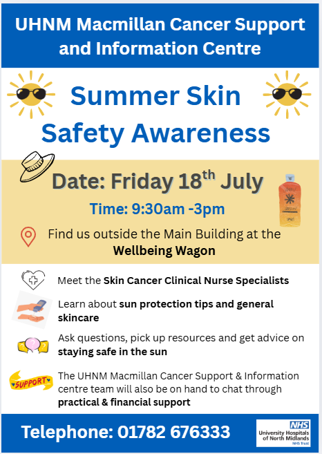 CancerInfoUHNM's tweet image. 🌞Come and chat with us and our Skin CNS team outside the Main entrance at the Well-Being Wagon on Friday 18th July from 9:30am -3pm. Whether it's cloudy or not, skin still needs protection - the team will be offering advice and guidance🌞