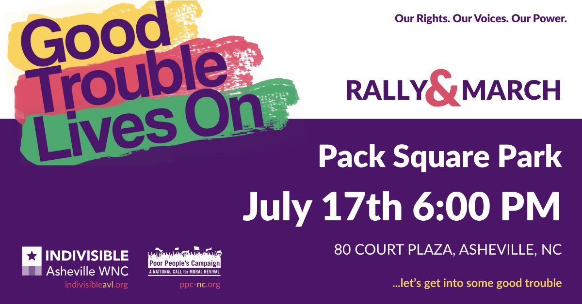 BuncombeDems's tweet image. Representatives of Good Trouble WNC, Indivisible, and the Poor People's Campaign are joining forces to host a rally, march, and protest on Thursday, July 17, at 6 p.m. at Pack Square Park in recognition of the fifth anniversary of Rep. John Lewis' passing. bit.ly/4lSswkw