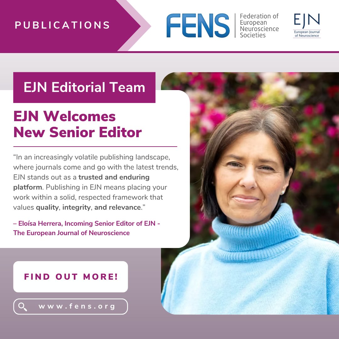 FENS (@fensorg) on Twitter photo 🌟 New <a href="/EJNeuroscience/">European Journal of Neuroscience</a> Editor!
#FENS is thrilled to welcome Dr Eloísa Herrera as Senior Editor at #EJN!
She leads <a href="/LabEHerrera/">Lab E. Herrera</a>, which focuses on generation and regeneration of bilateral #NeuralCircuits. 🔬
👉 Read more about EJN: loom.ly/tdta_WM 🌟 New <a href="/EJNeuroscience/">European Journal of Neuroscience</a> Editor!
#FENS is thrilled to welcome Dr Eloísa Herrera as Senior Editor at #EJN!
She leads <a href="/LabEHerrera/">Lab E. Herrera</a>, which focuses on generation and regeneration of bilateral #NeuralCircuits. 🔬
👉 Read more about EJN: loom.ly/tdta_WM