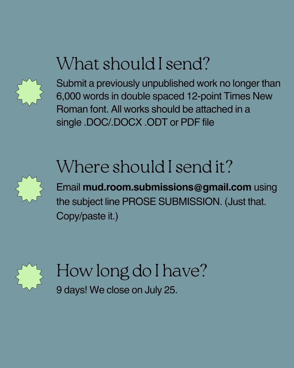 MudRoomMag's tweet image. 9 days left to submit! Read to see what Kiera, our Prose Editor, looks for every period, as well as the logistics of sending us your stuff.