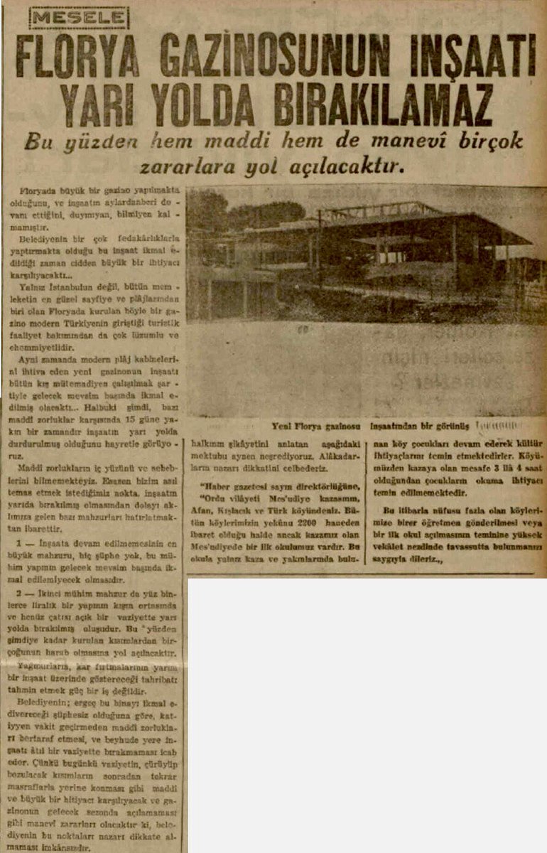 ArsivBakirkoy's tweet image. FLORYA GAZINOSUNUN İNŞAATI YARI YOLDA BIRAKILAMAZ
Bu yüzden hem maddi hem de manevî birçok zararlara yol açılacaktır. 5/Kasım/1938