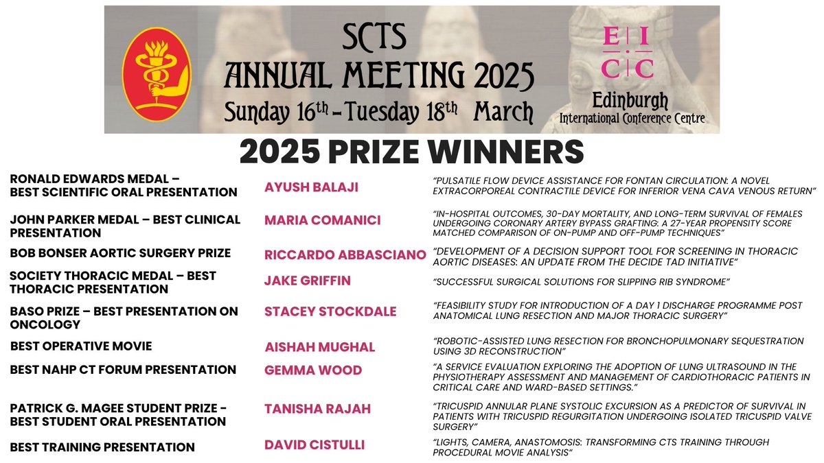 SCTS Annual Meeting 2025 ~ Prize Winners

We are delighted to announce the prize winners following the SCTS Annual Meeting 2025 in Edinburgh. Congratulations to you all! 🎉

#scts #scts2025 #cardiothoracicsurgery #education #conference