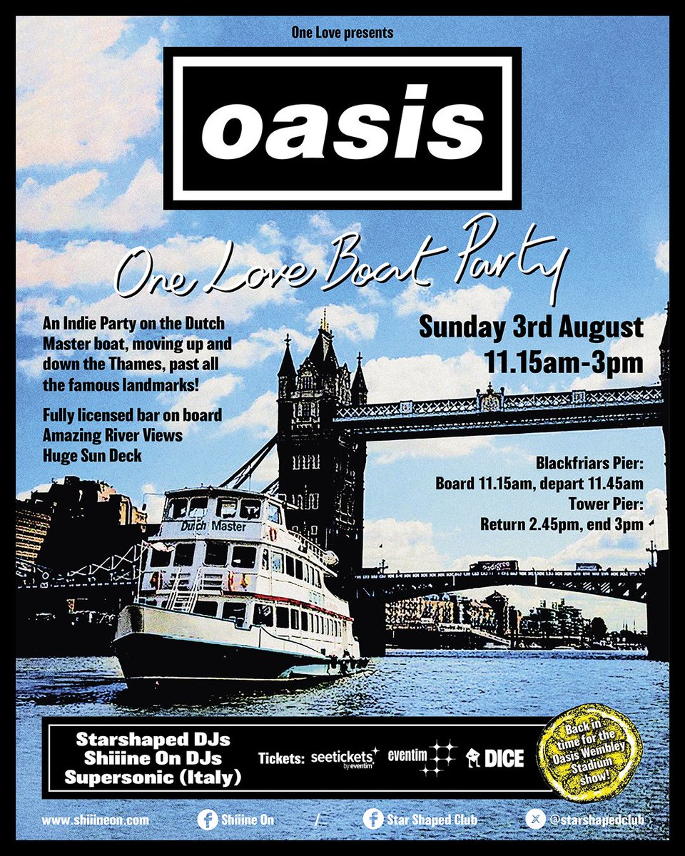 Shiiine On (@shiiineon_) on Twitter photo 🌞🌞COMPETITION TIME 🌞🌞
We have a pair tickets up for grabs for our #oasis One Love ❤️boat party with our mates <a href="/StarShapedClub/">Star Shaped</a>
Joining us on the decks is SUPERSONIC (Italy)
RT to Win a pair ....Good luck 🤞
Remaining tickets shorturl.at/GUYMl
#oasislive25 🌞🌞COMPETITION TIME 🌞🌞
We have a pair tickets up for grabs for our #oasis One Love ❤️boat party with our mates <a href="/StarShapedClub/">Star Shaped</a>
Joining us on the decks is SUPERSONIC (Italy)
RT to Win a pair ....Good luck 🤞
Remaining tickets shorturl.at/GUYMl
#oasislive25