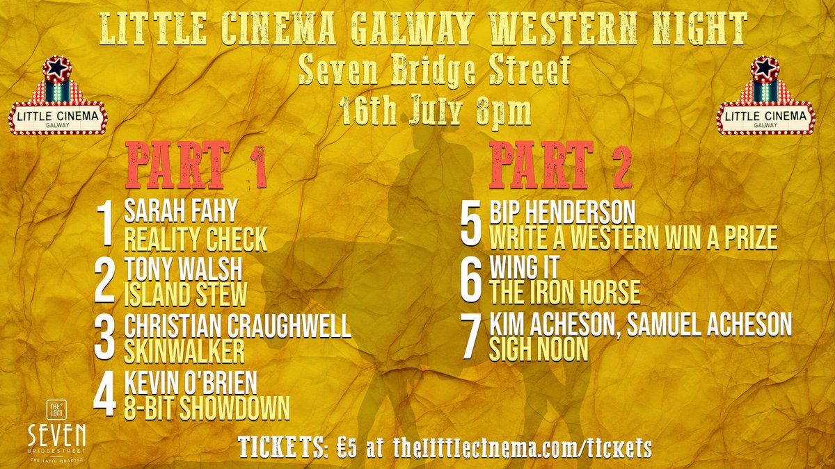 Western Night at Ye Olde Little Cinema tonight! 
Doors are 8pm and the show starts at 8.30pm sharp.
Grab your tickets in advance at thelittlecinema.com/event/little-c… 
Thanks to all the teams who have made films for the screening💪🏻
Ya'll come down now, y'hear!
#littlecinemagalway