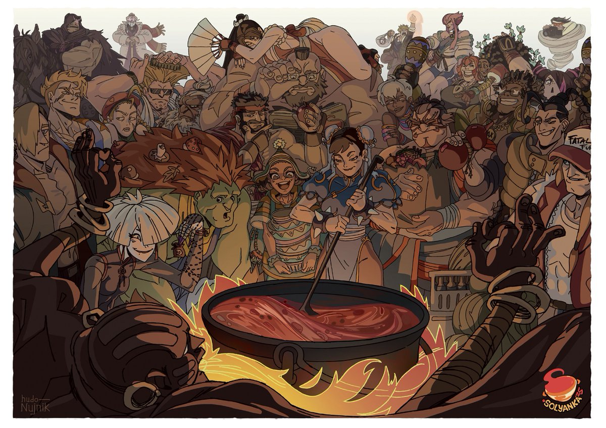 Art from the Russian fighting event "Solyanka 25" that took place in March this year. The picture was drawn by the top-1 Blanka of the region with the nickname Kazaken. Chun Li prepares a Solyanka dish for all participants of SF6. #StreetFighter #SF6 #gameart