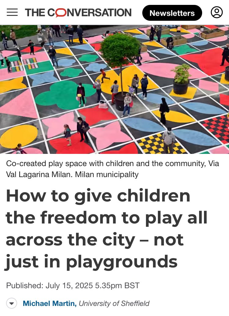 Michael Martin (@drmicmartin) on Twitter photo āHow to give children the freedom to play across the city - not just in playgroundsā
My article in <a href="/ConversationUK/">The Conversation</a>
#Play creates dynamic neighbourhoods, intergenerational encounters, & meaningful participation in #urbanspaces ā if only we let it happen
theconversation.com/how-to-give-ch⦠āHow to give children the freedom to play across the city - not just in playgroundsā
My article in <a href="/ConversationUK/">The Conversation</a>
#Play creates dynamic neighbourhoods, intergenerational encounters, & meaningful participation in #urbanspaces ā if only we let it happen
theconversation.com/how-to-give-chā¦