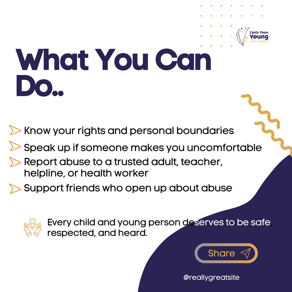 Child sexual violence is more common than we think, yet it remains hidden due to stigma, fear, and silence.

It includes rape, molestation, exploitation, harassment, and grooming. These are serious violations of a child’s rights.

Let’s name it. Acknowledge it. Report it. End it.