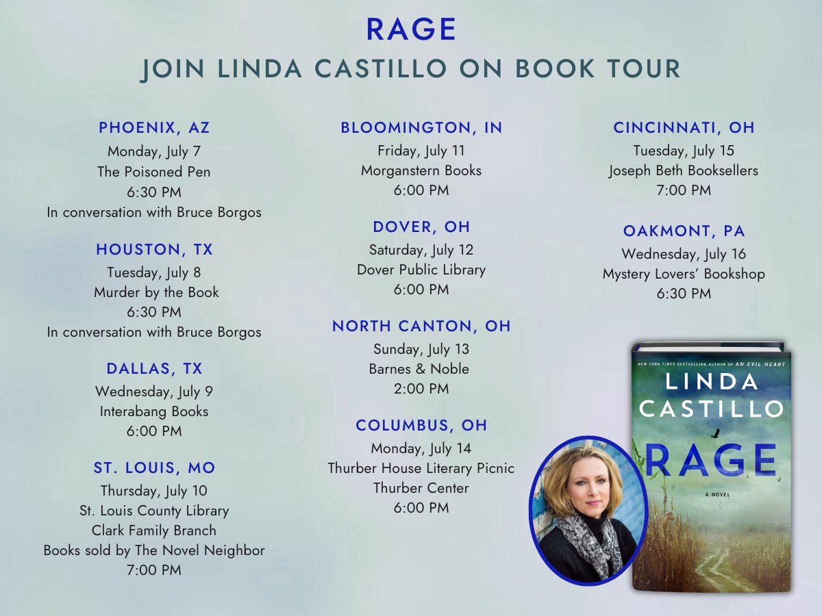 Linda Castillo (@lindacastillo11) on Twitter photo Attention Pittsburghers and mystery lovers in northeastern Ohio! The final event of the RAGE book tour is tonite. Iāll be at the Mystery Lovers Bookshop at 6:30. See you there! <a href="/MysteryLovers1/">Mystery Lovers Books</a> <a href="/StMartinsPress/">St. Martin's Press</a> <a href="/nyliterary/">Nancy Yost Literary Agency</a> Attention Pittsburghers and mystery lovers in northeastern Ohio! The final event of the RAGE book tour is tonite. Iāll be at the Mystery Lovers Bookshop at 6:30. See you there! <a href="/MysteryLovers1/">Mystery Lovers Books</a> <a href="/StMartinsPress/">St. Martin's Press</a> <a href="/nyliterary/">Nancy Yost Literary Agency</a>