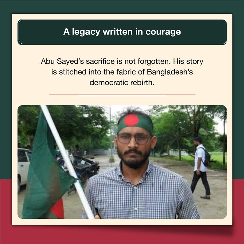 thefriendsofbd's tweet image. He marched for a future he would never see—so that other Bangladeshis could. Abu Sayed became more than a student protester. He became a symbol of sacrifice and hope. As Bangladesh looks ahead, we carry his courage with us and celebrate him in our spirits as time brings us to one…