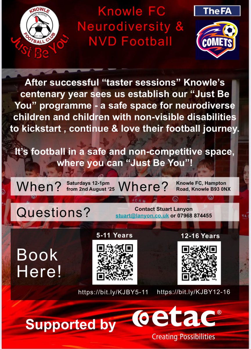 Knowle_FC's tweet image. Knowle FC launches “Just Be You” ⚽
Inclusive football as part of the FA’s Comets & Disability initiative, proudly sponsored by Etac!
👧 Ages 5–11: bit.ly/KJBY5-11
🧑 Ages 12–16: bit.ly/KJBY12-16
📩 stuart@lanyon.co.uk | 📞 07968867455
#JustBeYou #UpTheRobins