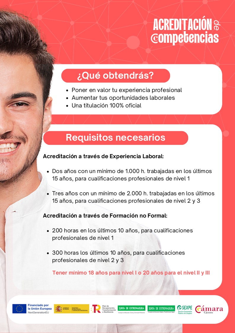 📣 ¿Tienes experiencia laboral o formación no formal?
¡Consigue tu acreditación oficial con la Cámara de Comercio de Cáceres! ✅
🎓 Titulación oficial
💼 Mejora laboral
📲 647 671 433
📧 ana.borrallo@camaracaceres.es

#AcreditaciónDeCompetencias #CámaraCáceres